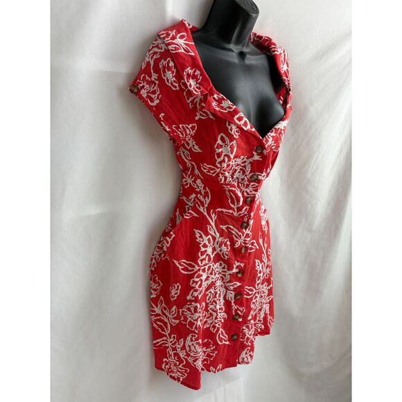 Free People Linen Red Floral Dress Size 6 Button Front Cottagecore Prairie Cute - Picture 3 of 11